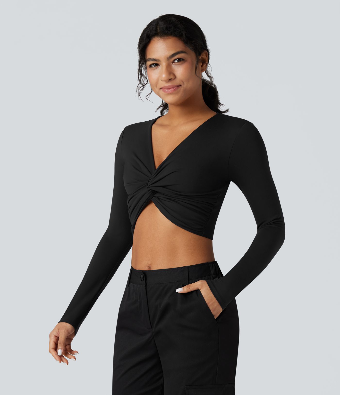 SoftlyZero™ Plush Deep V-neck Long Sleeve Twisted Cropped Yoga Sports Top
