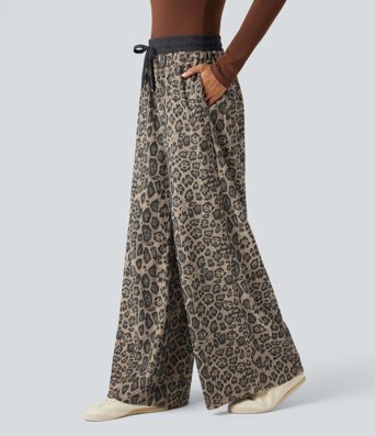 Pantalones holgados informales de cintura alta con cordón, estampado de leopardo y bolsillos