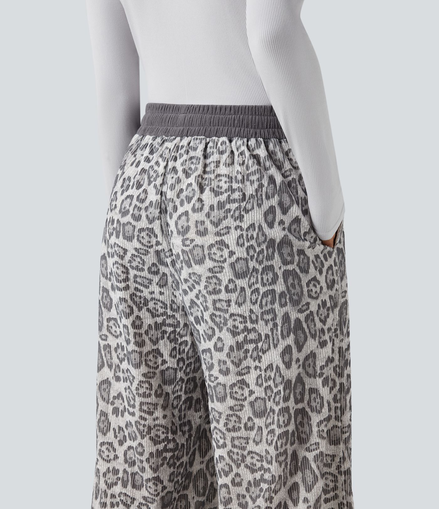 High Waisted Drawstring Leopard Print Casual Baggy Pants with Pockets