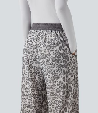 High Waisted Drawstring Leopard Print Casual Baggy Pants with Pockets