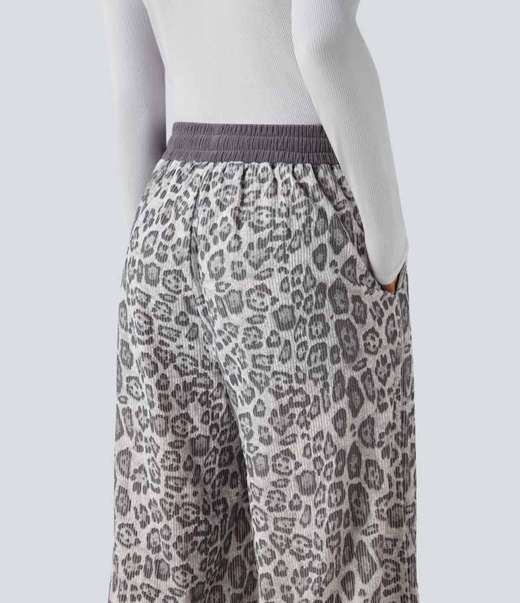 High Waisted Drawstring Leopard Print Casual Baggy Pants with Pockets