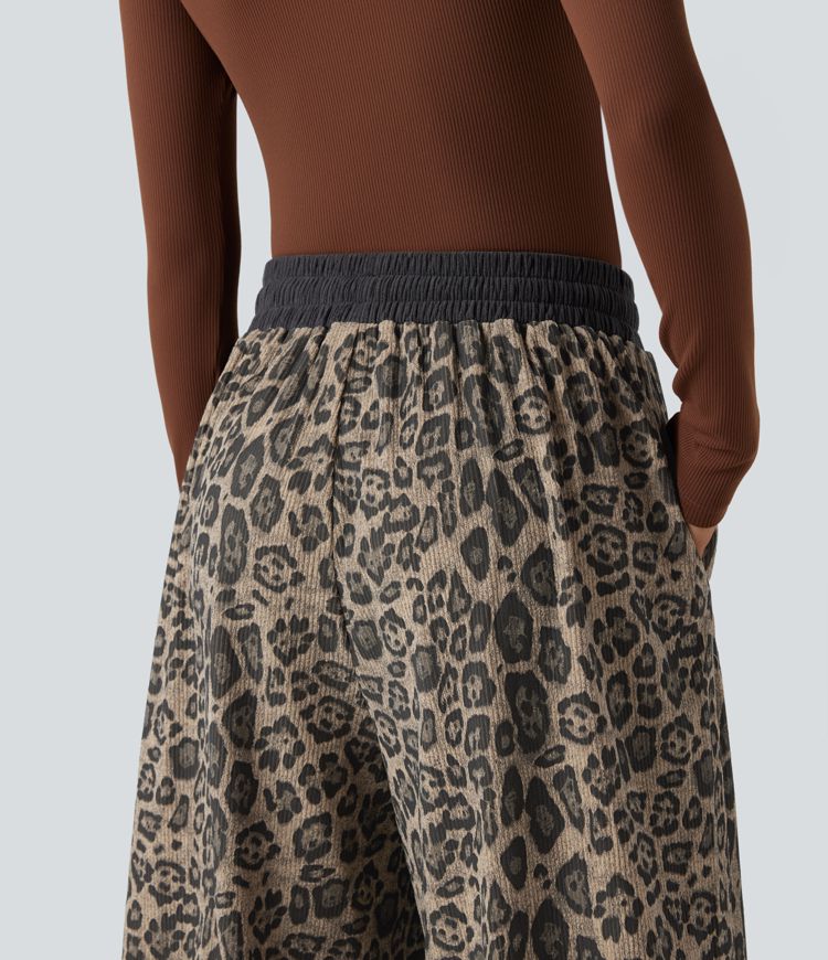 High Waisted Drawstring Leopard Print Casual Baggy Pants with Pockets