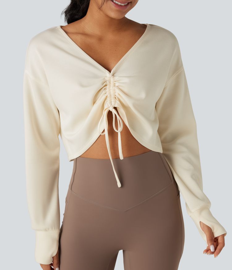 V Neck Drawstring Long Sleeve Thumb Hole Cropped Workout Sports Top