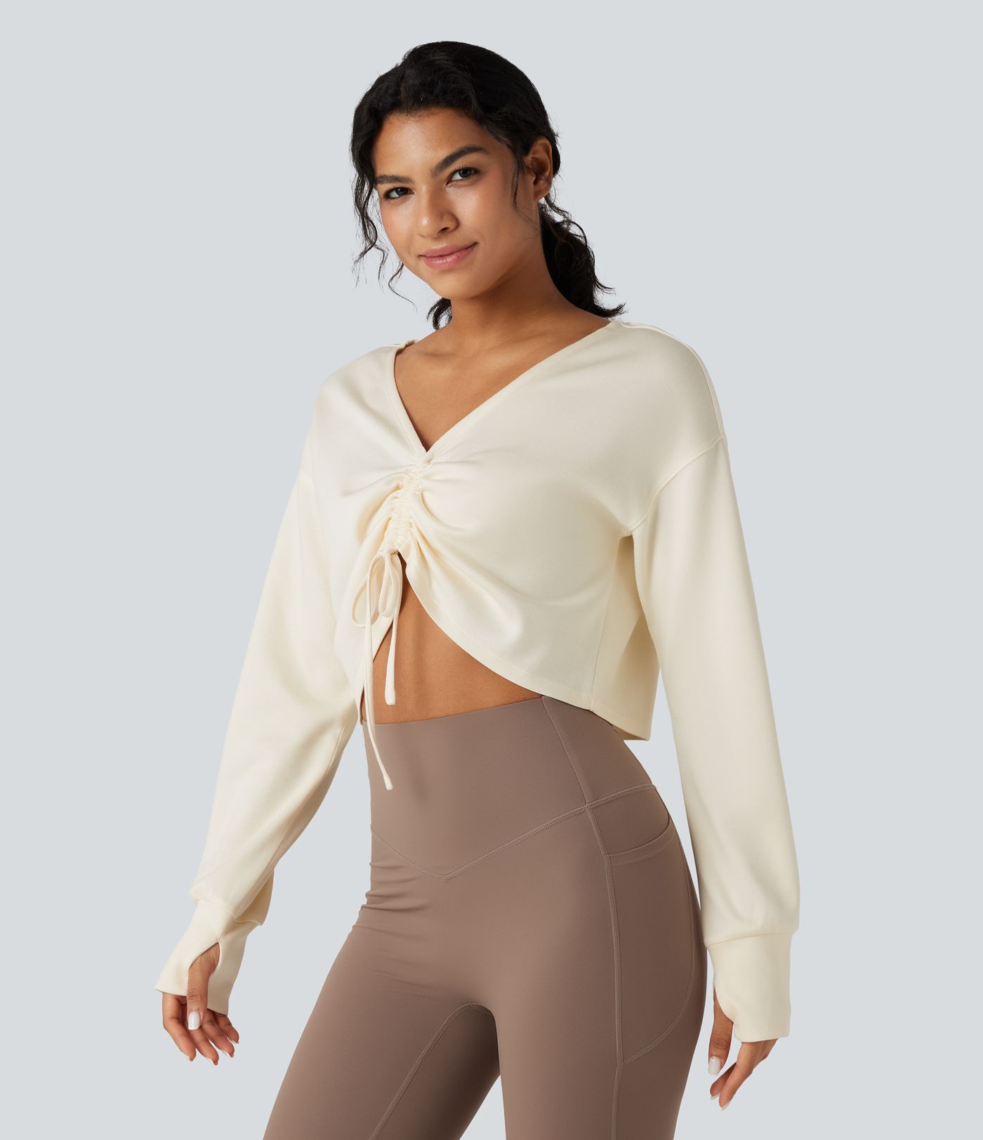 V Neck Drawstring Long Sleeve Thumb Hole Cropped Workout Sports Top