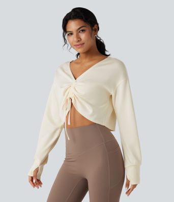 V Neck Drawstring Long Sleeve Thumb Hole Cropped Workout Sports Top
