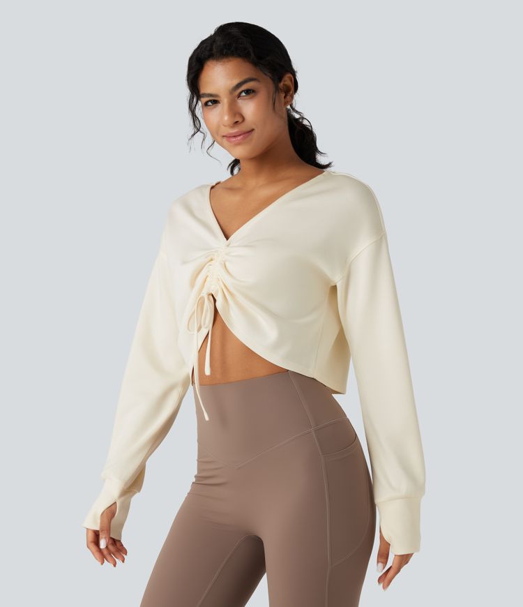 V Neck Drawstring Long Sleeve Thumb Hole Cropped Workout Sports Top
