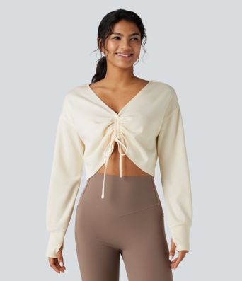 V Neck Drawstring Long Sleeve Thumb Hole Cropped Workout Sports Top