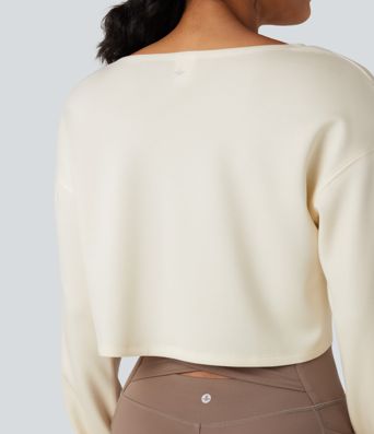 V Neck Drawstring Long Sleeve Thumb Hole Cropped Workout Sports Top