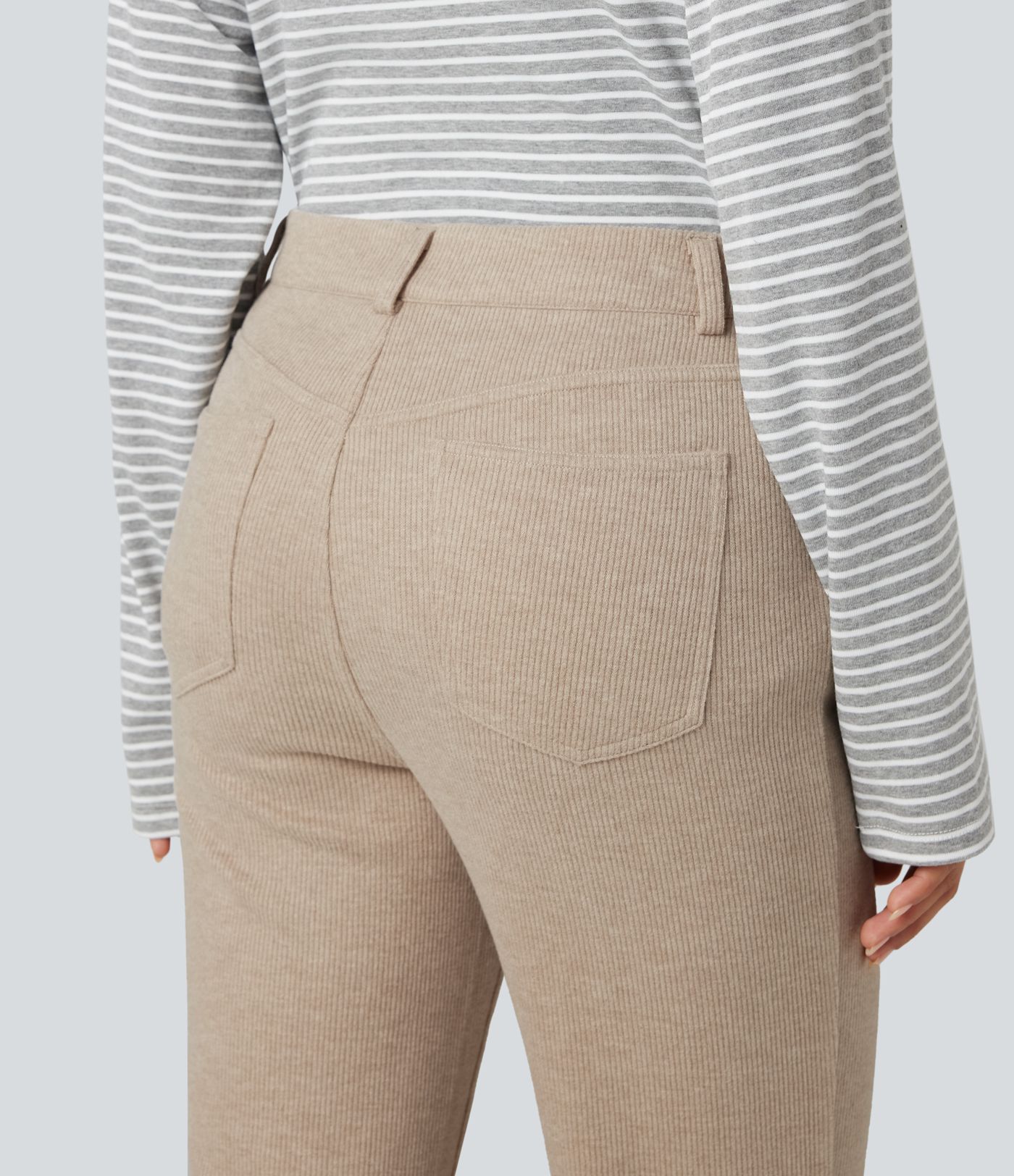 Ribbed High Waisted Casual Bootcut Pants with Pockets