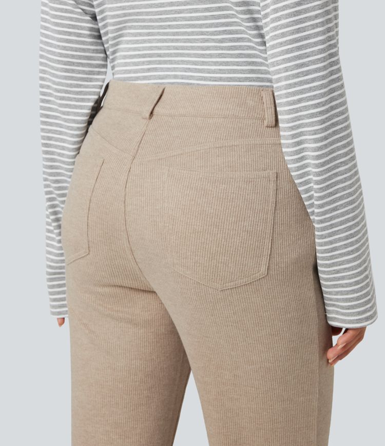Ribbed High Waisted Casual Bootcut Pants with Pockets