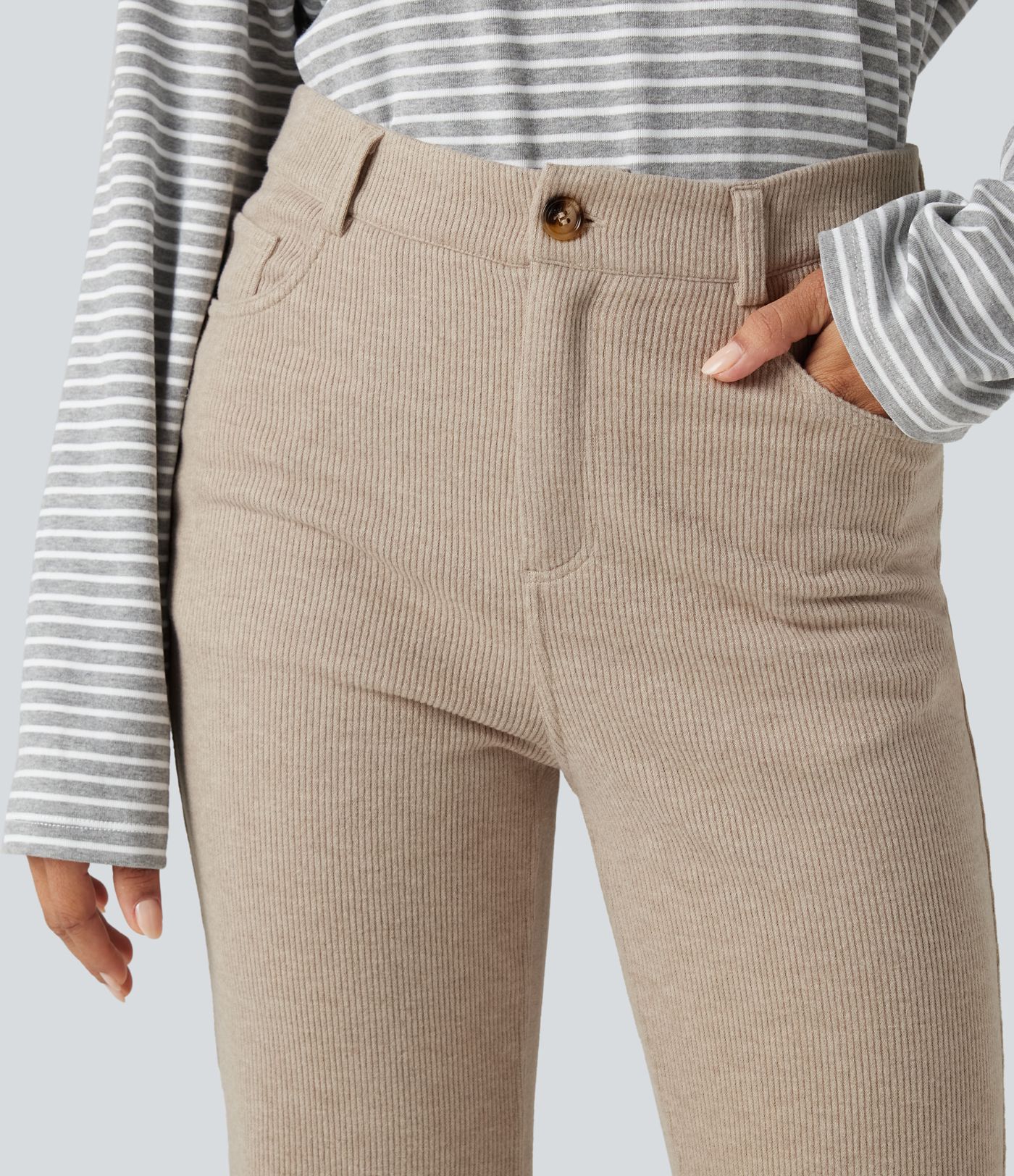 Ribbed High Waisted Casual Bootcut Pants with Pockets