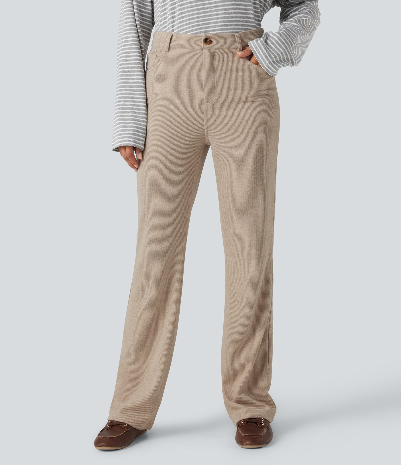 Ribbed High Waisted Casual Bootcut Pants with Pockets