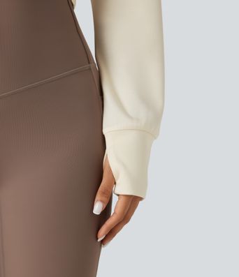 V Neck Drawstring Long Sleeve Thumb Hole Cropped Workout Sports Top