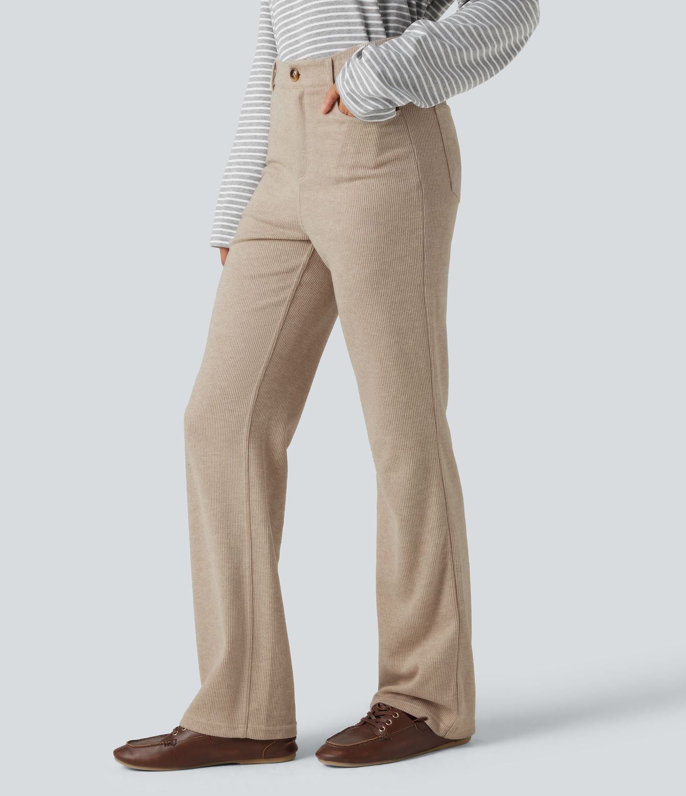 Ribbed High Waisted Casual Bootcut Pants with Pockets