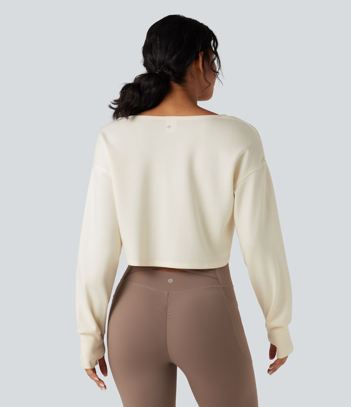 V Neck Drawstring Long Sleeve Thumb Hole Cropped Workout Sports Top