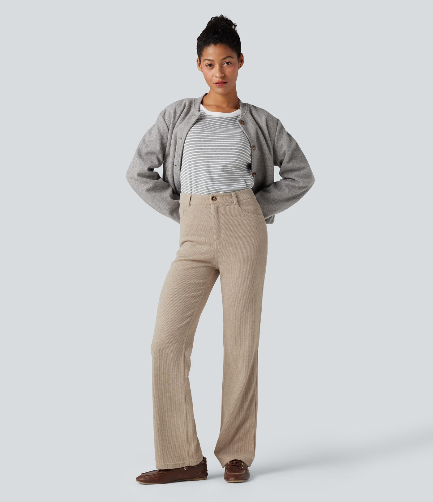 Ribbed High Waisted Casual Bootcut Pants with Pockets