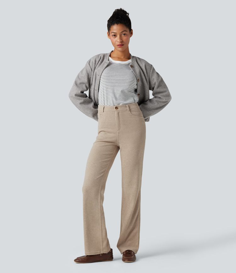 Ribbed High Waisted Casual Bootcut Pants with Pockets