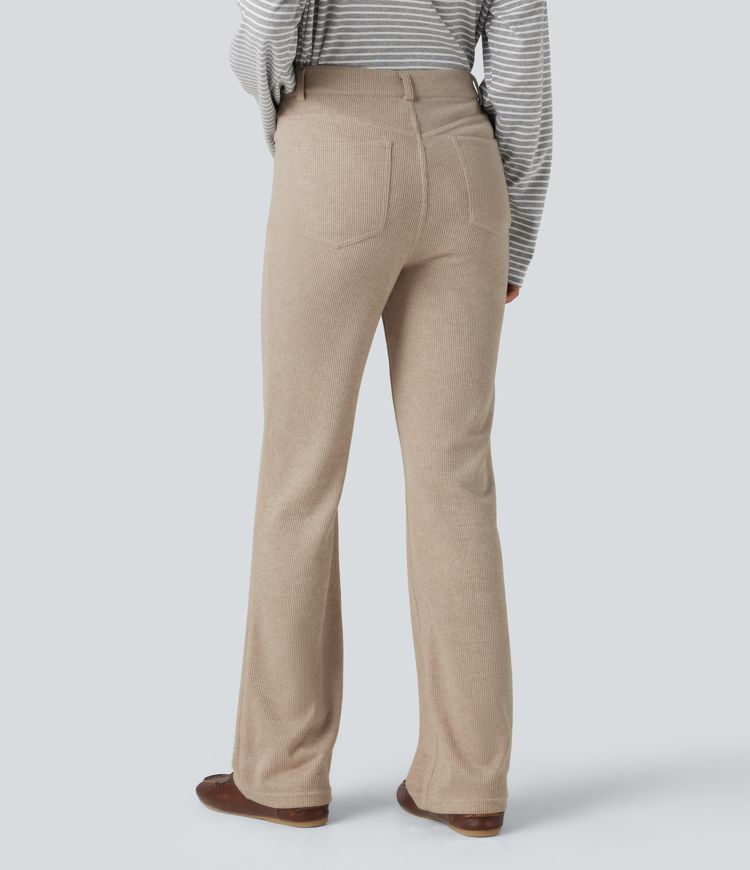Ribbed High Waisted Casual Bootcut Pants with Pockets
