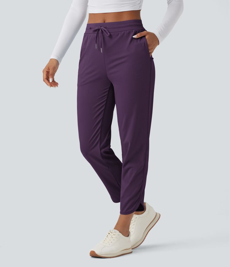 Mid Rise Drawstring Curved Hem Quick Dry Golf Tapered Pants with Pockets-UPF40+