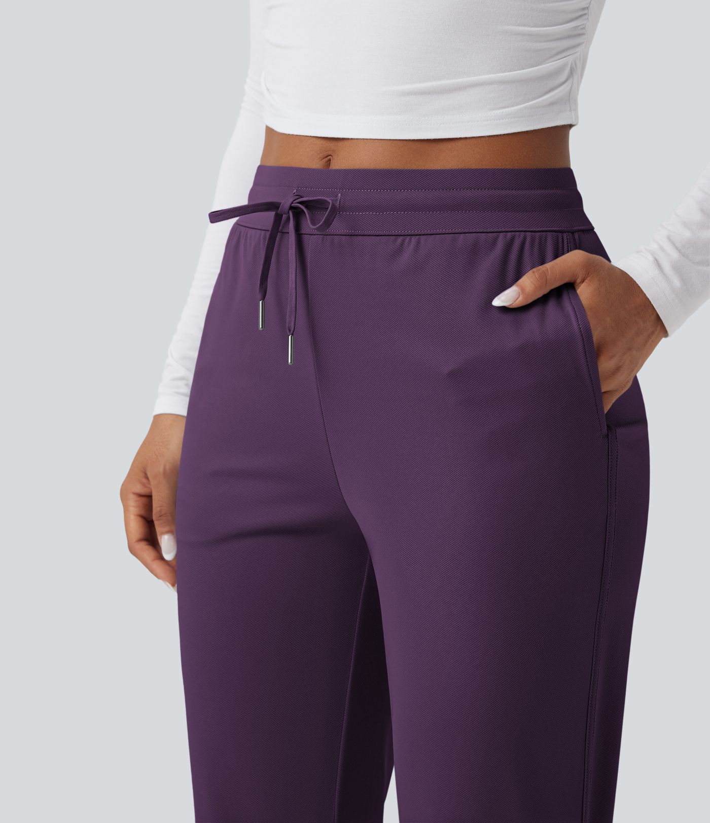 Mid Rise Drawstring Curved Hem Quick Dry Women Stright Leg Golf Tapered Pants with Pockets-UPF40+