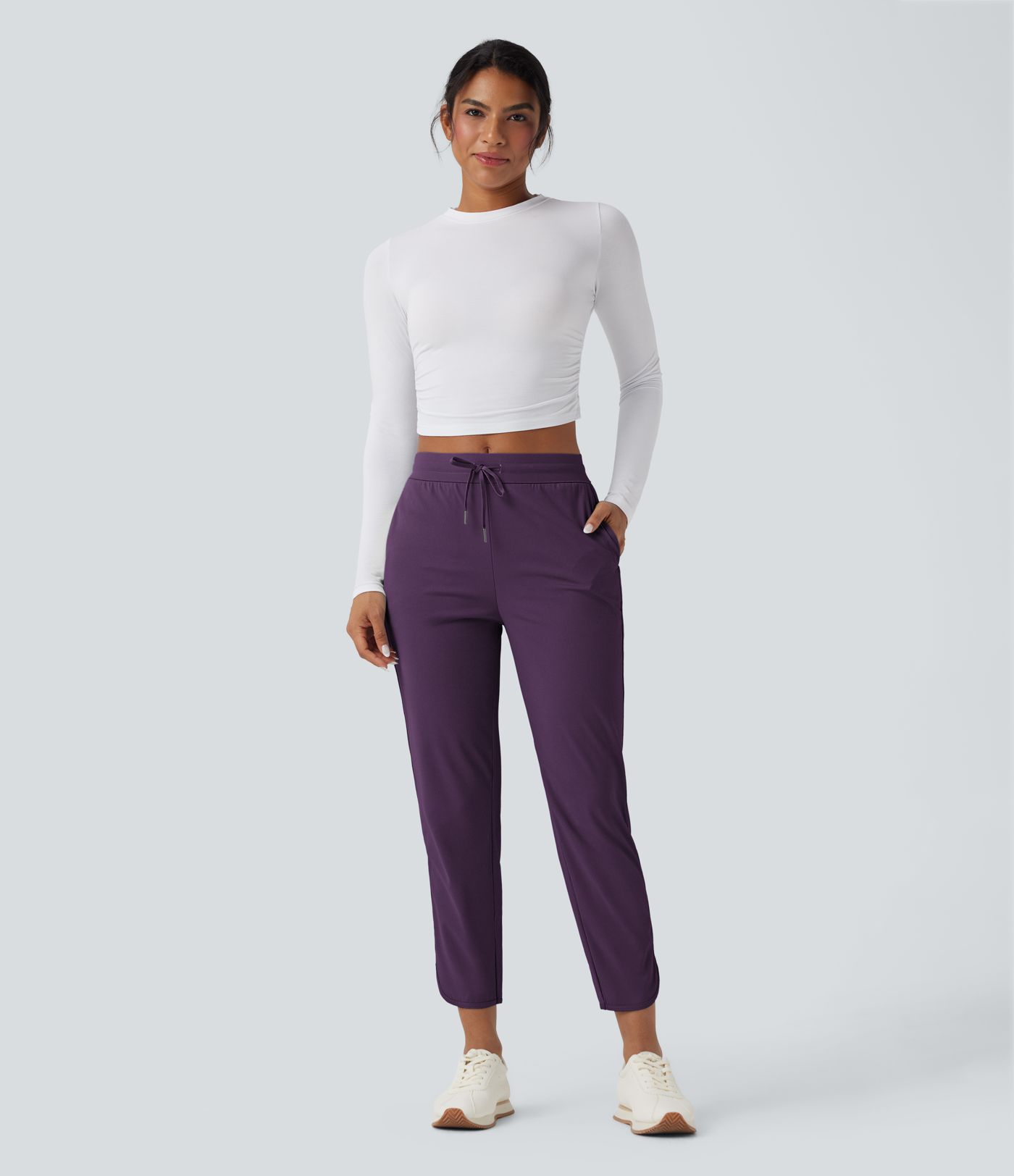 Mid Rise Drawstring Curved Hem Quick Dry Women Stright Leg Golf Tapered Pants with Pockets-UPF40+