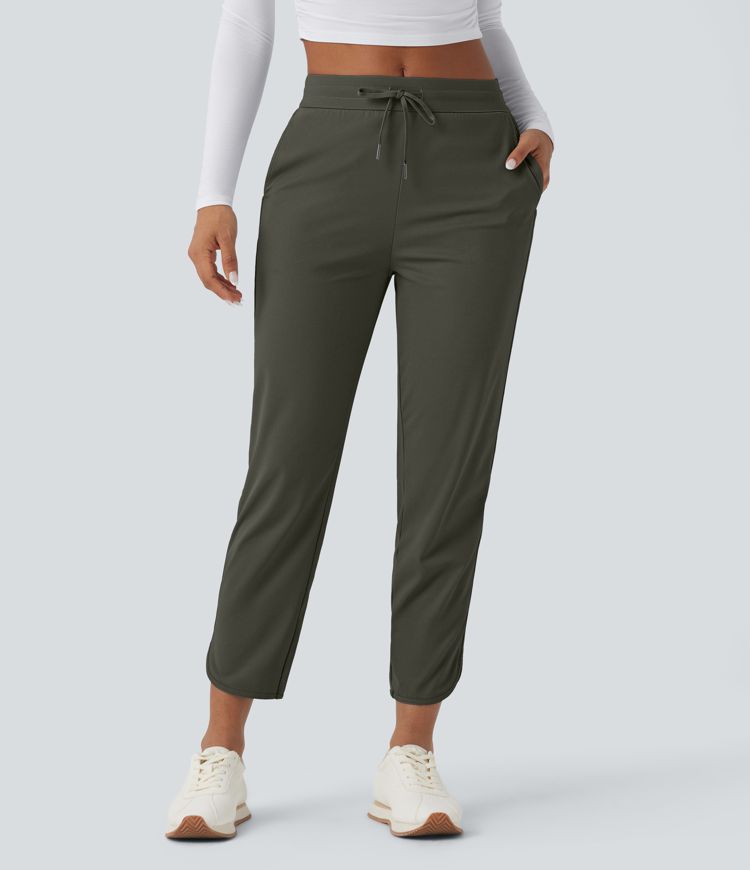 Mid Rise Drawstring Curved Hem Quick Dry Golf Tapered Pants with Pockets-UPF40+