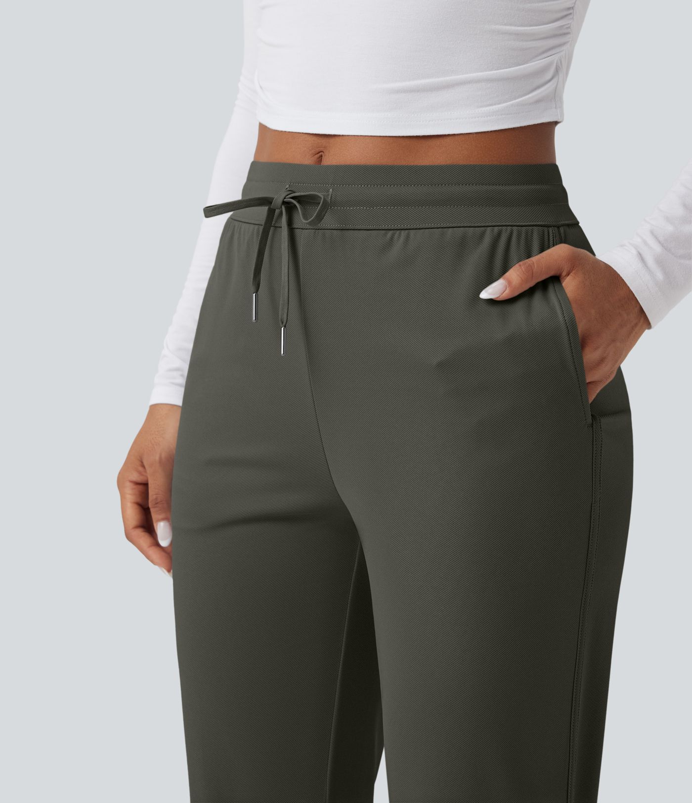 Mid Rise Drawstring Curved Hem Quick Dry Golf Tapered Trousers with Pockets-UPF40+