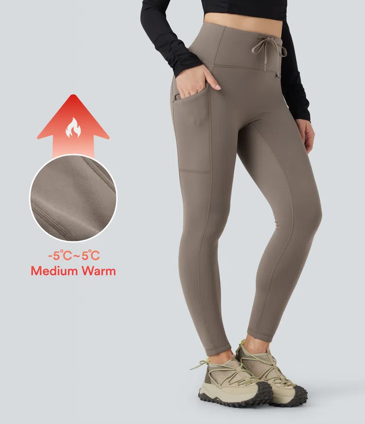 Walnut High Waisted Drawstring Fleece 7/8 Hiking Leggings with Pocket / 1