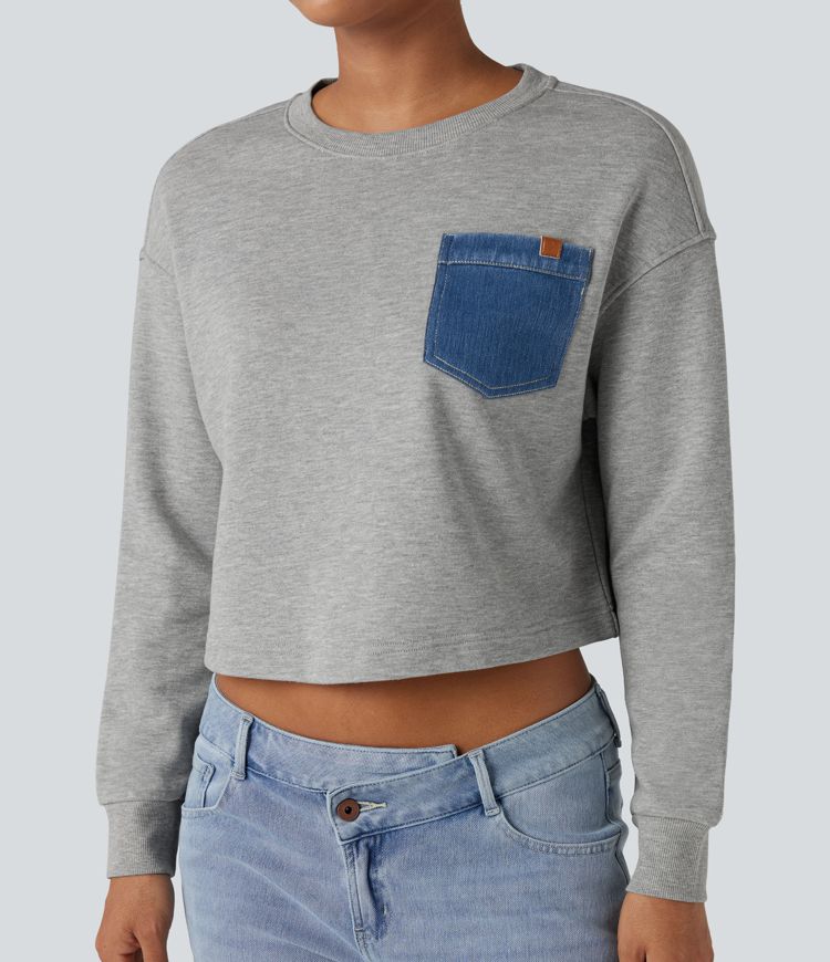 Lässiges Baumwoll-Sweatshirt mit Rundhalsausschnitt, langen Ärmeln und Tasche