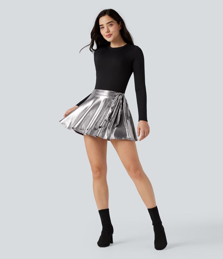 SoftlyZero™ Faux Leather High-waisted  Metallic Foil Print Stretchy Casual Skirt with Pockets