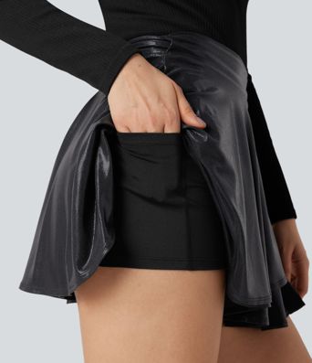 SoftlyZero™ Faux Leather High-waisted Sparkle Stretchy Casual Skirt with Pockets