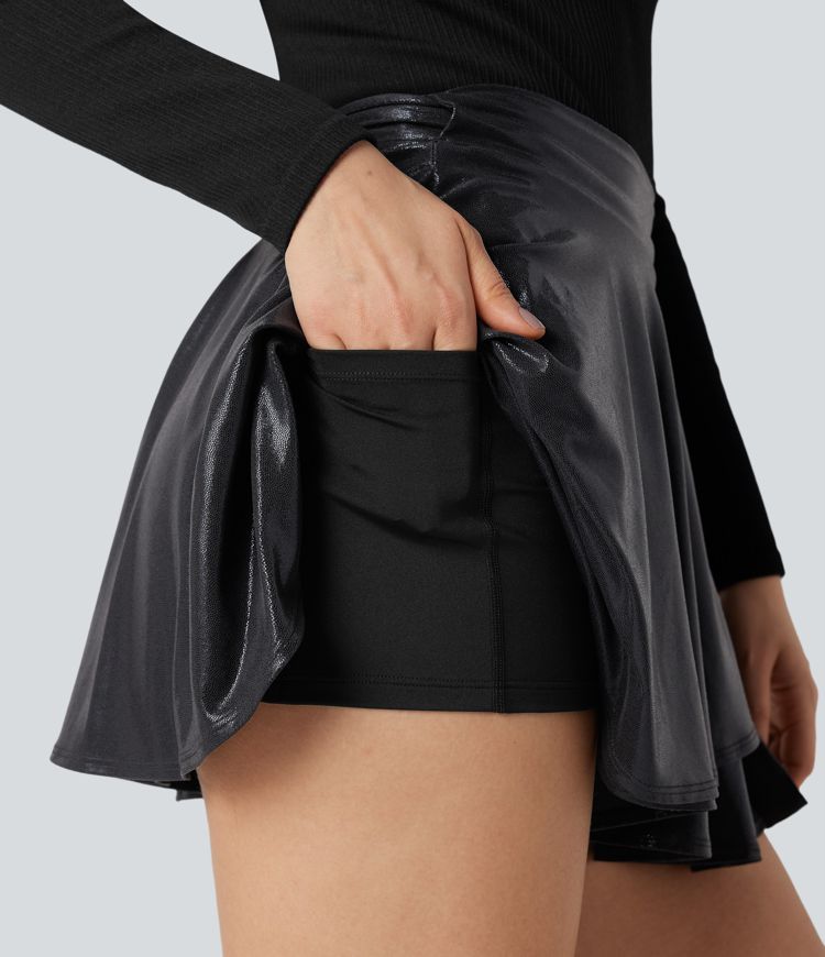 SoftlyZero™ Faux Leather High-waisted Sparkle Stretchy Casual Skirt with Pockets