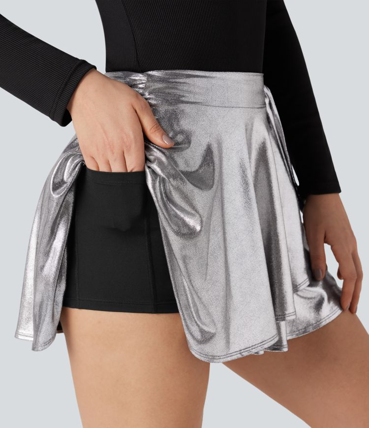 SoftlyZero™ Faux Leather High-waisted  Metallic Foil Print Stretchy Casual Skirt with Pockets