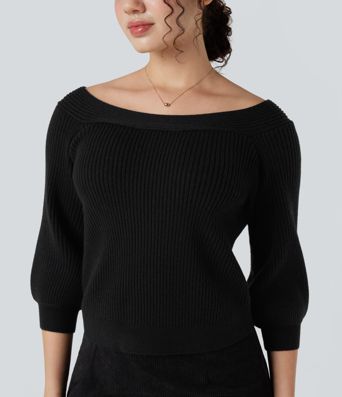 Off Shoulder Puff Sleeve Casual Sweater