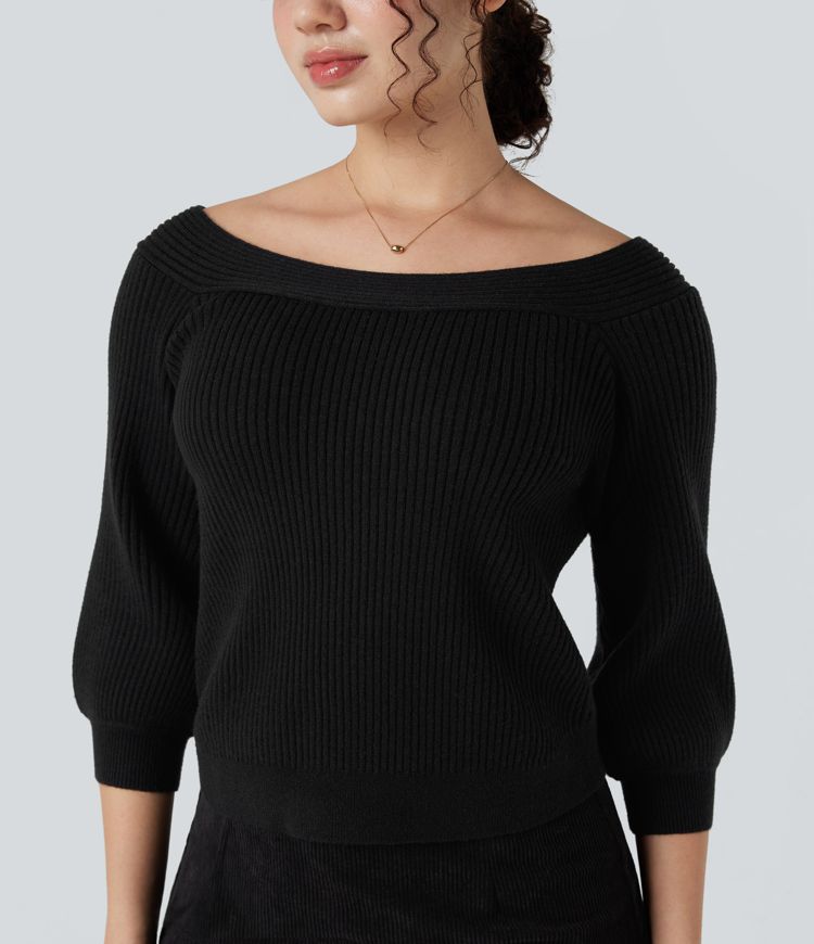 Off Shoulder Puff Sleeve Casual Sweater
