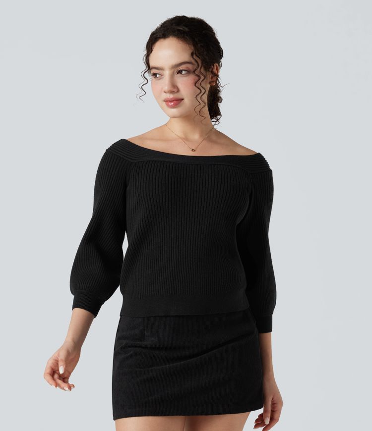 Off Shoulder Puff Sleeve Casual Sweater