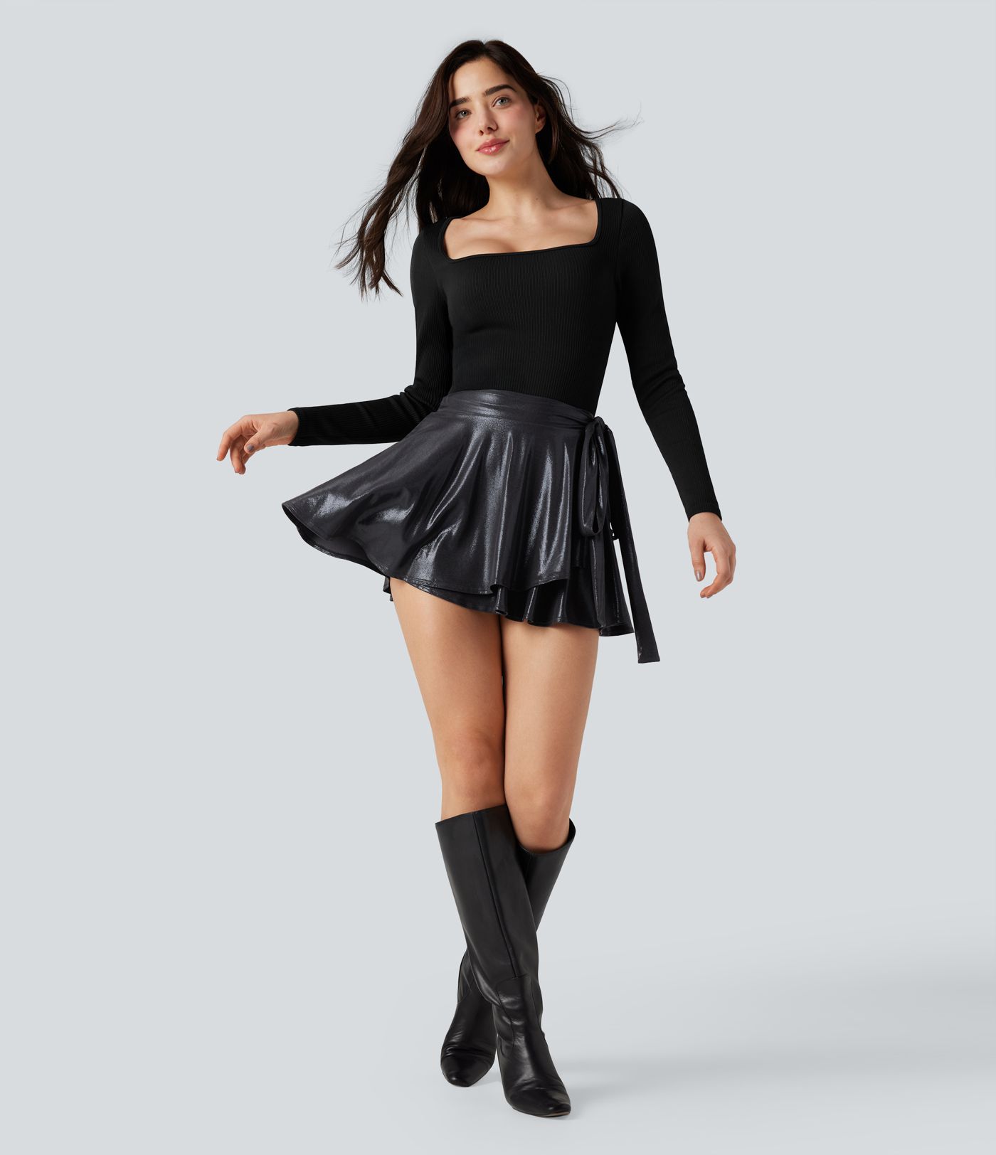 SoftlyZero™ Faux Leather High-waisted Sparkle Stretchy Casual Skirt with Pockets