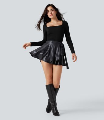 SoftlyZero™ Faux Leather High-waisted Sparkle Stretchy Casual Skirt with Pockets