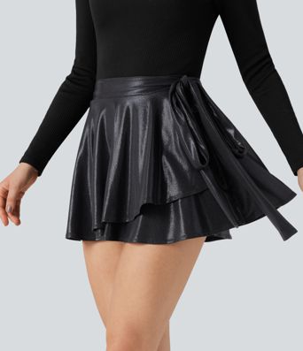 SoftlyZero™ Faux Leather High-waisted Sparkle Stretchy Casual Skirt with Pockets