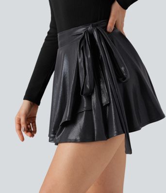 SoftlyZero™ Faux Leather High-waisted Sparkle Stretchy Casual Skirt with Pockets