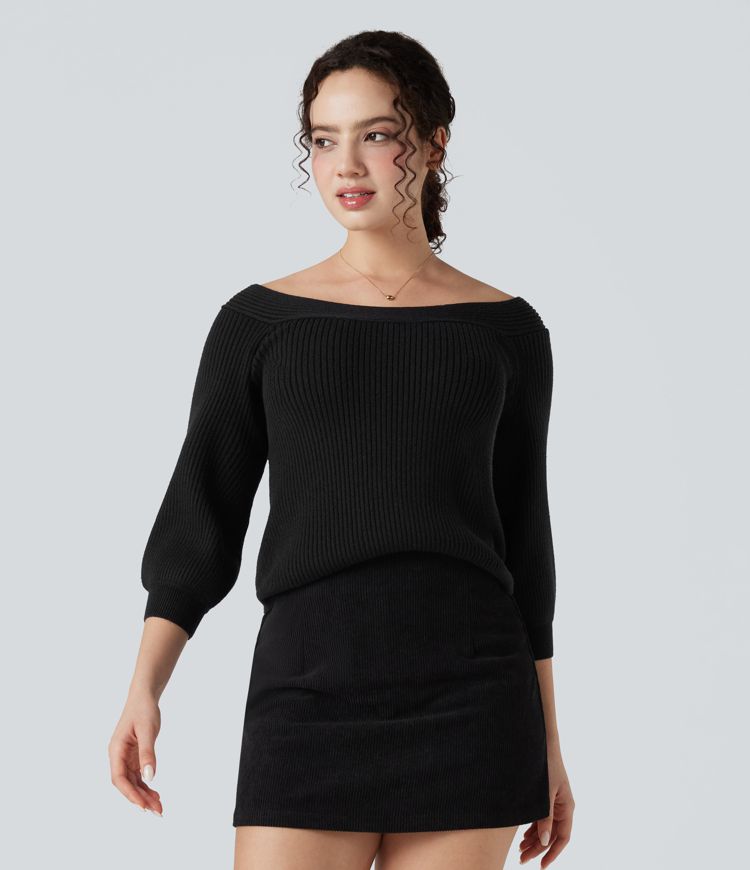 Off Shoulder Puff Sleeve Casual Sweater