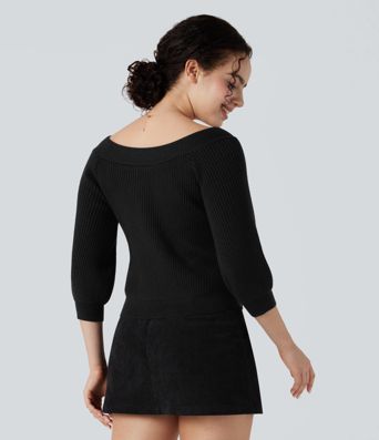 Off Shoulder Puff Sleeve Casual Sweater