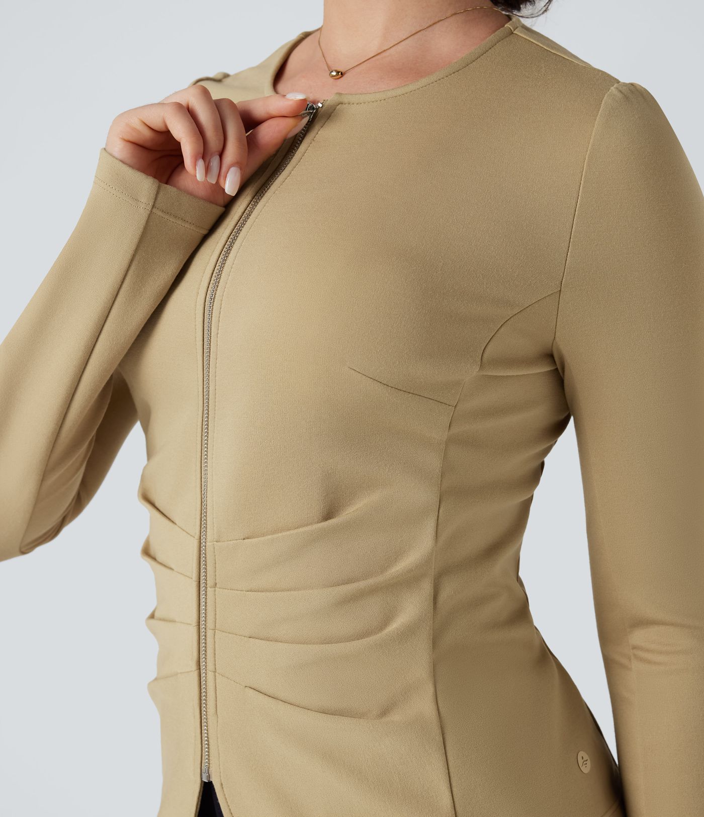 Round Neck Long Sleeve Ruched Zip Fly Work Blazer