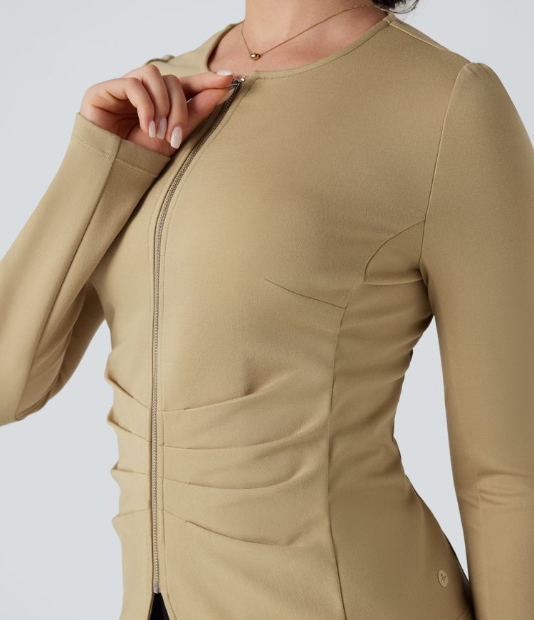 Round Neck Long Sleeve Ruched Zip Fly Work Blazer