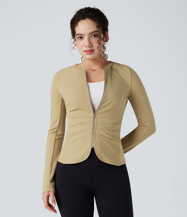 Round Neck Long Sleeve Ruched Zip Fly Work Blazer