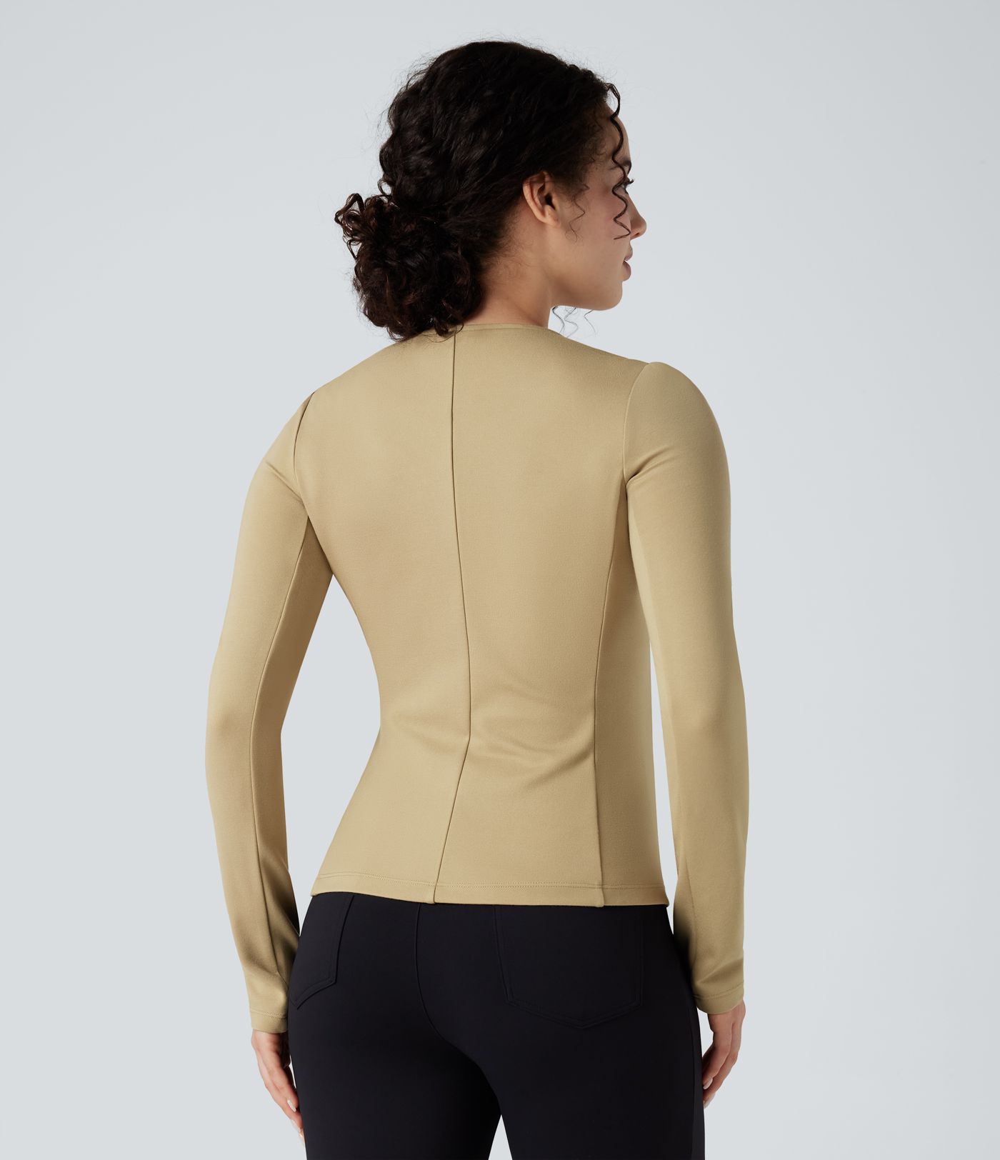 Round Neck Long Sleeve Ruched Zip Fly Work Blazer