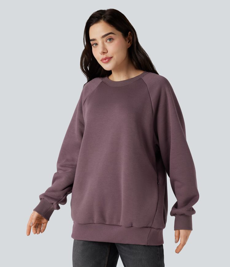 Round Neck Long Sleeve Oversized Fleece Casual Sweatshirt with Pockets