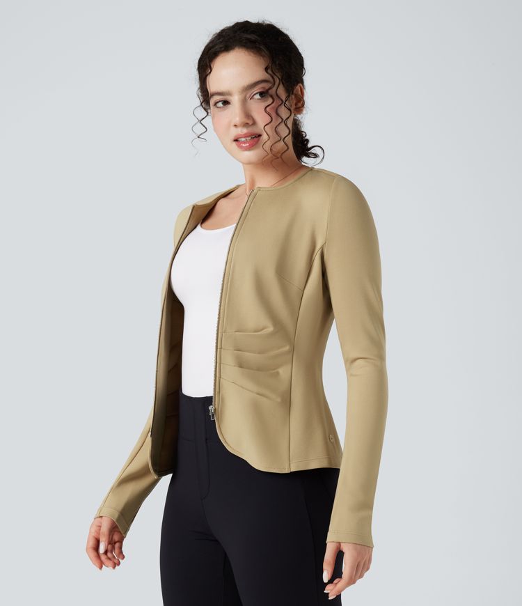 Round Neck Long Sleeve Ruched Zip Fly Work Blazer
