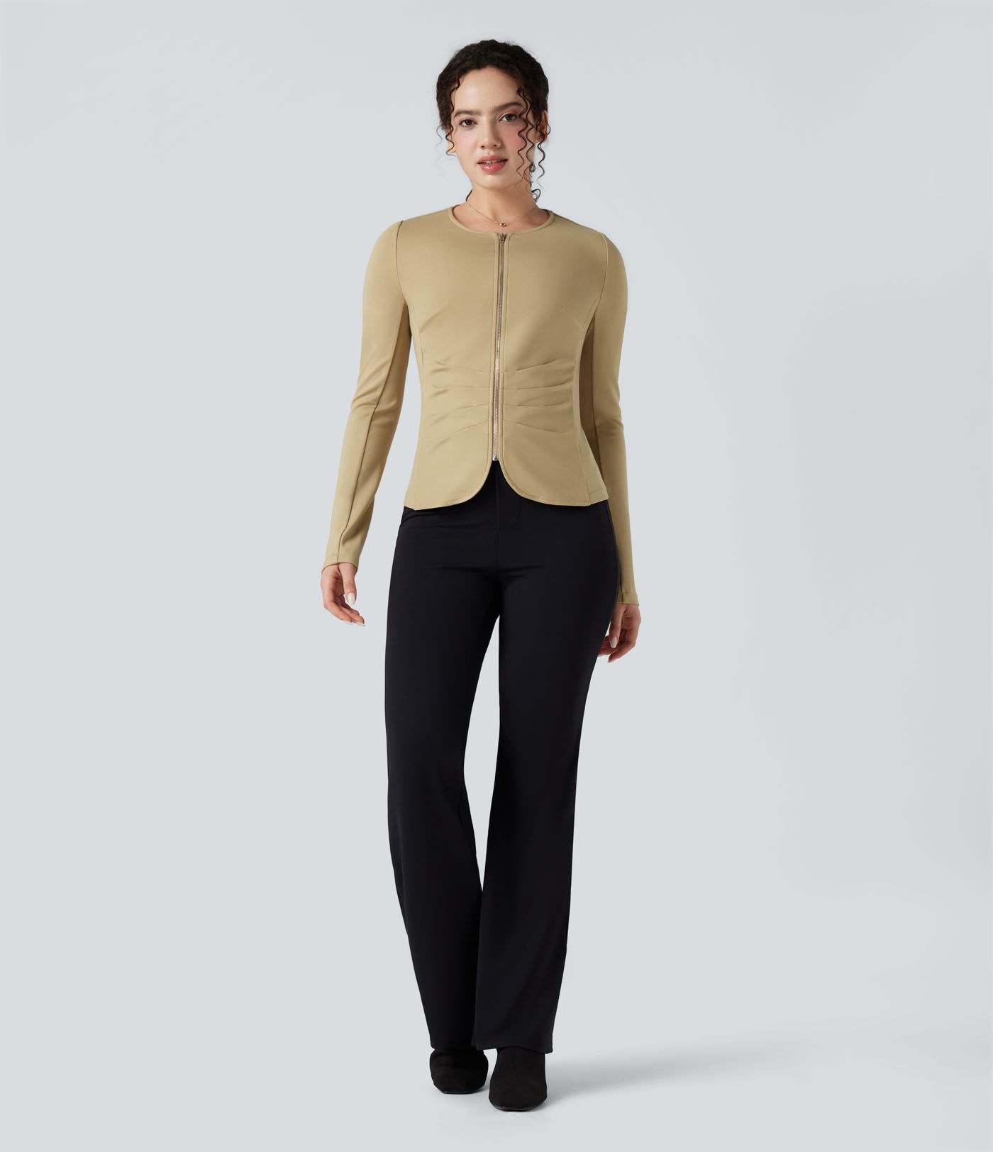 Round Neck Long Sleeve Ruched Zip Fly Work Blazer