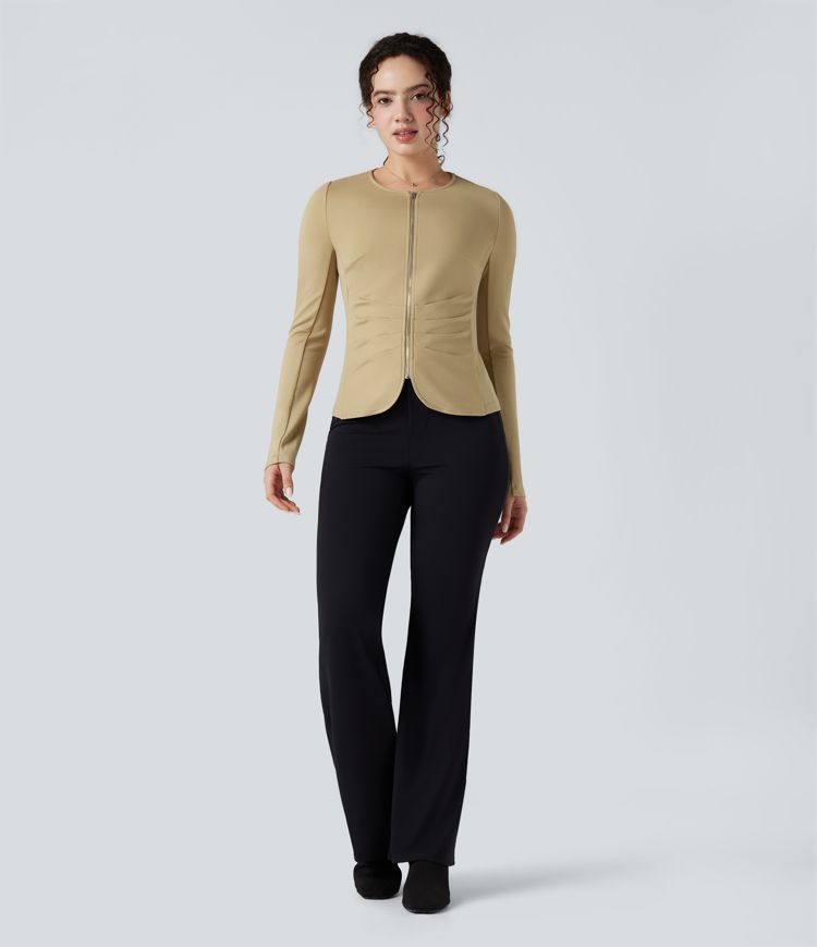 Round Neck Long Sleeve Ruched Zip Fly Work Blazer